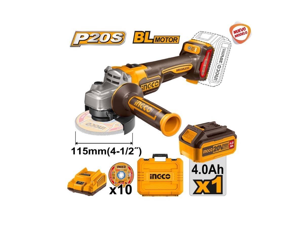SET AMOLADORA 20V BL + BATERIA 4 AH + VALIJA INGCO