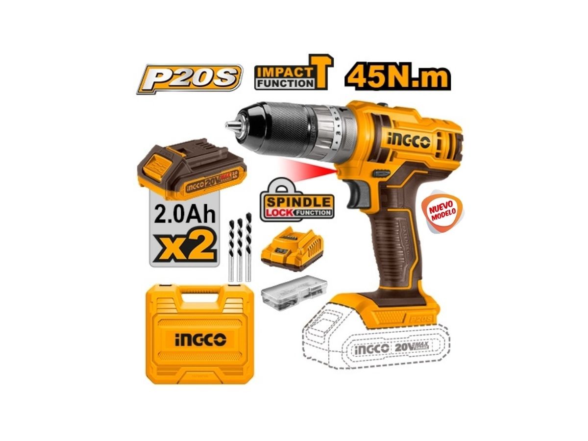 ATORNILLADOR 20VOLT C PERCUTOR MANDRIL METAL Y VALIJA INGCO