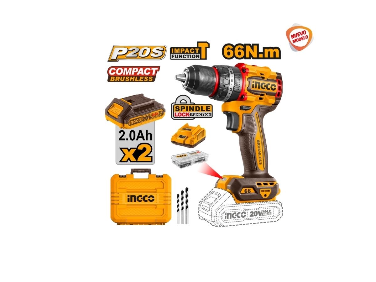 ATORNILLADOR 20VOLT C PERCUTOR MANDRIL METAL Y VALIJA INGCO SIN CARBONES